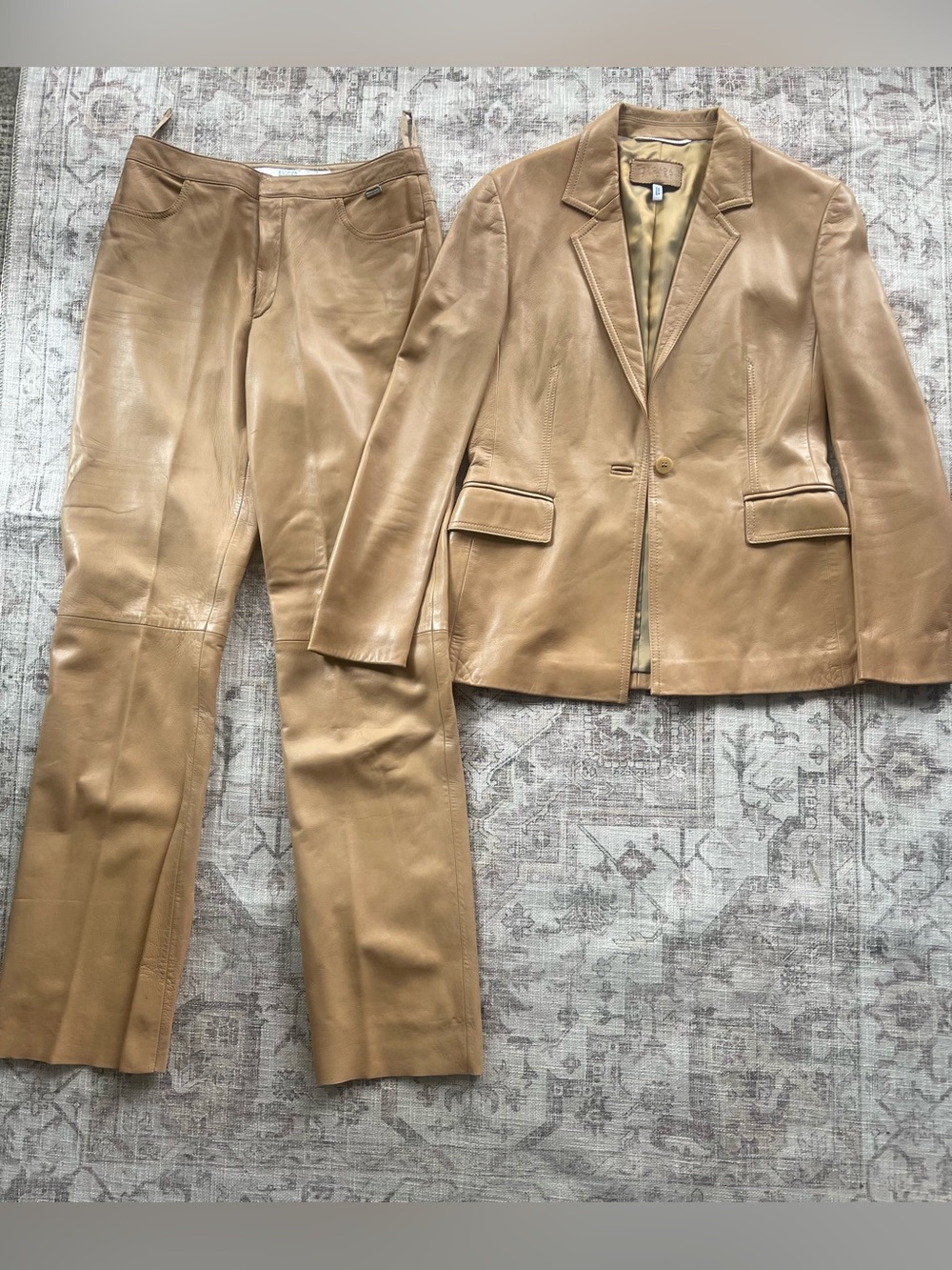 Escada Camel Lambskin Leather Blazer & Pants Suit